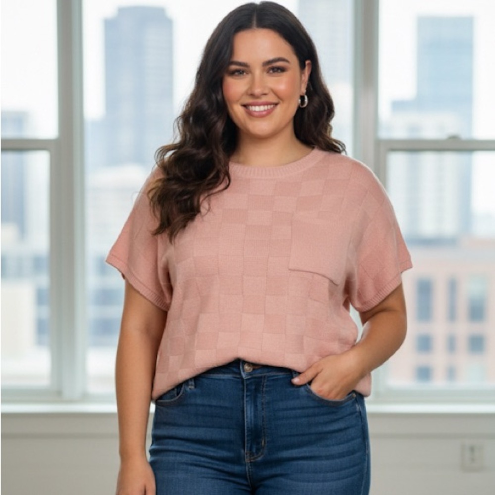 ⚡️3 for 25⚡️Pink Texture Knit Sweater Top 3XL Plus Size Short Sleeve Boxy Pocket